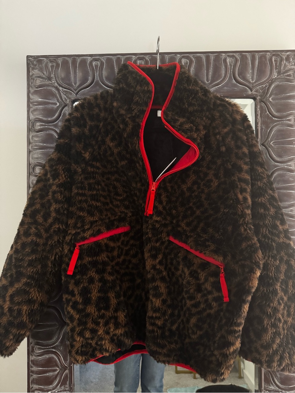 Rumored Leopard-Print Teddy Pullover Jacket with Red Trim - Picture 3 of 5